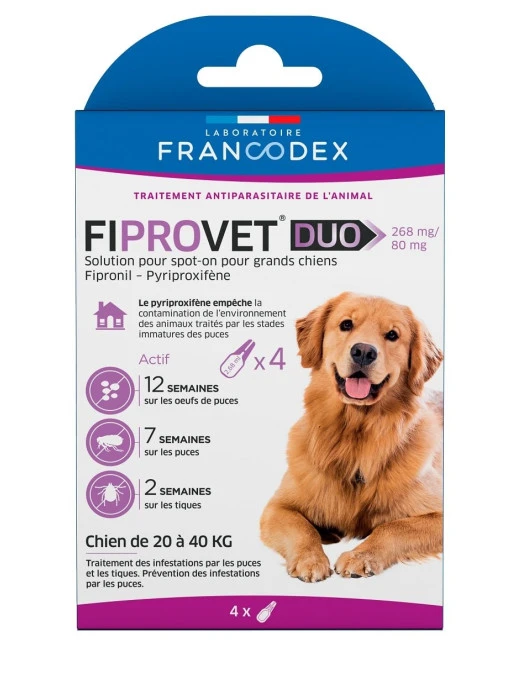 Antiparasitaire Fiprovet Duo X4 Grand Chien Francodex 1 Antiparasitaire Fiprovet Duo X4 Grand Chien Francodex